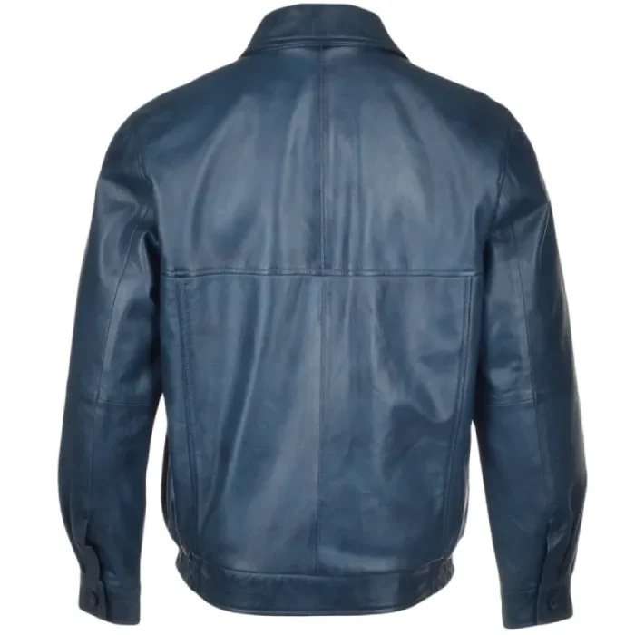 Men'S Blue Blouson Leather Zip Up Jacket Back View