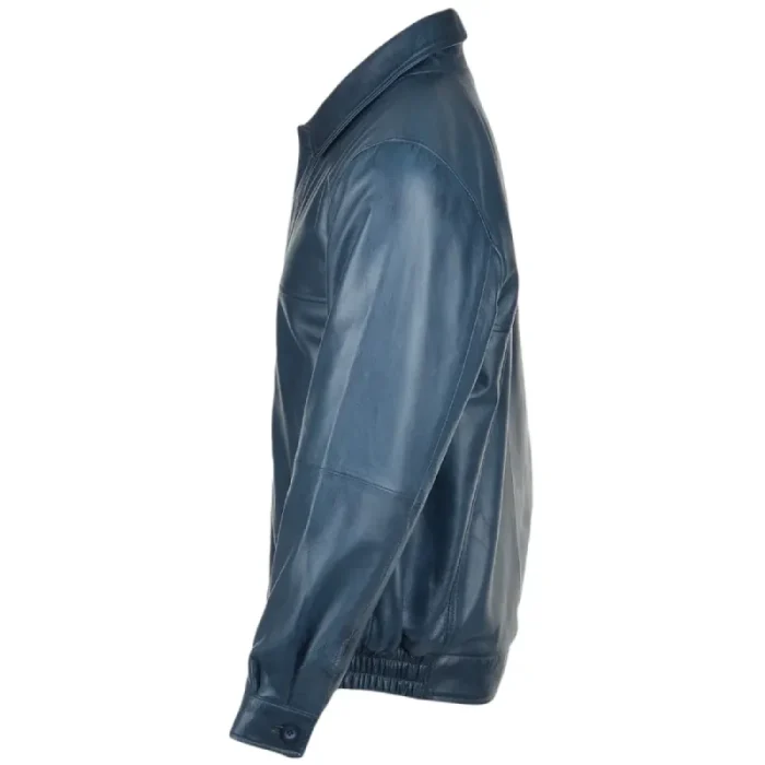 Men'S Blue Blouson Leather Zip Up Jacket Side View