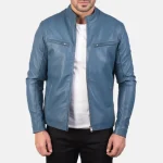 Men's Blue Sheepskin Leather Biker Jacket