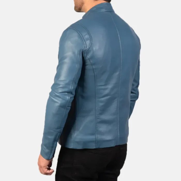 Men'S Blue Leather Biker Jacket Back