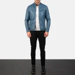 Men's Blue Leather Biker Jacket Close