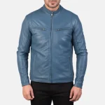 Men's Blue Leather Biker Jacket Close View