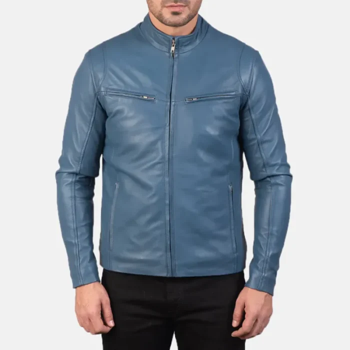 Men'S Blue Leather Biker Jacket Close View
