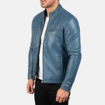 Men's Blue Leather Biker Jacket Side View
