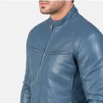 Men's Blue Leather Biker Jacket View