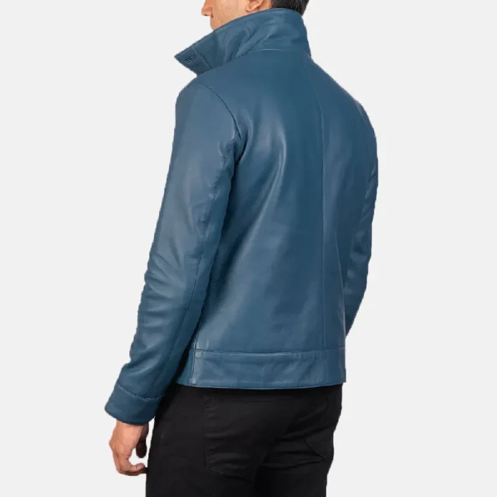 Men'S Blue Leather Bomber Button-Up Jacket Back View