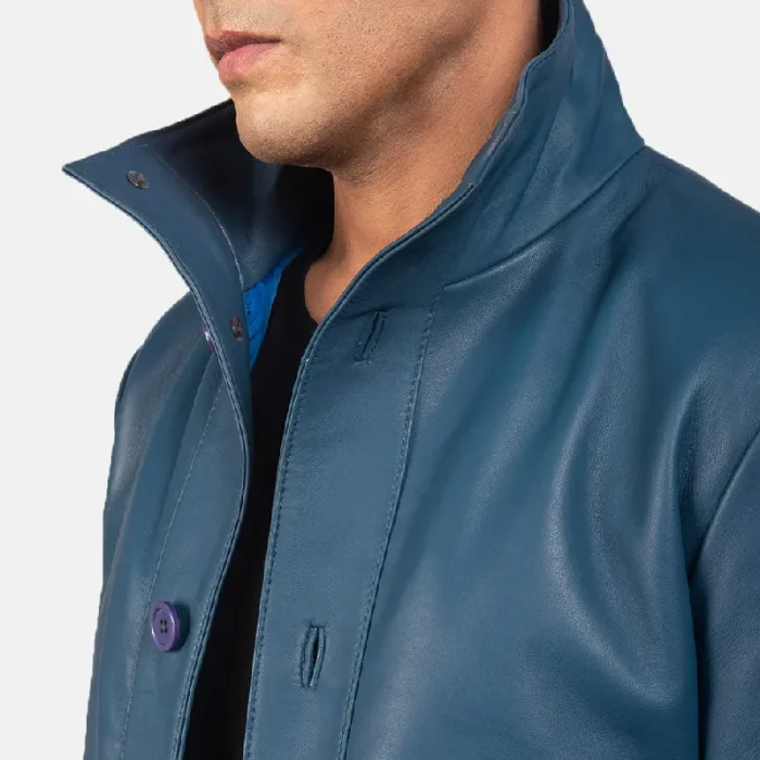 Men'S Blue Leather Bomber Button-Up Jacket Close View