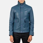 Men's Blue Leather Bomber Button-Up Jacket Front