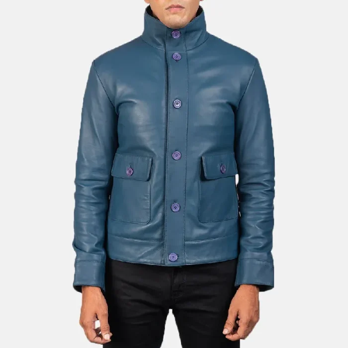Men'S Blue Leather Bomber Button-Up Jacket Front