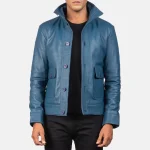 Men's Blue Leather Button-Up Bomber Jacket