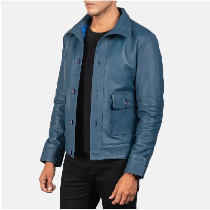 Men'S Blue Leather Bomber Button-Up Jacket Side View