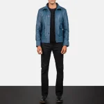 Men's Blue Leather Bomber Button-Up Jacket Wearing Look