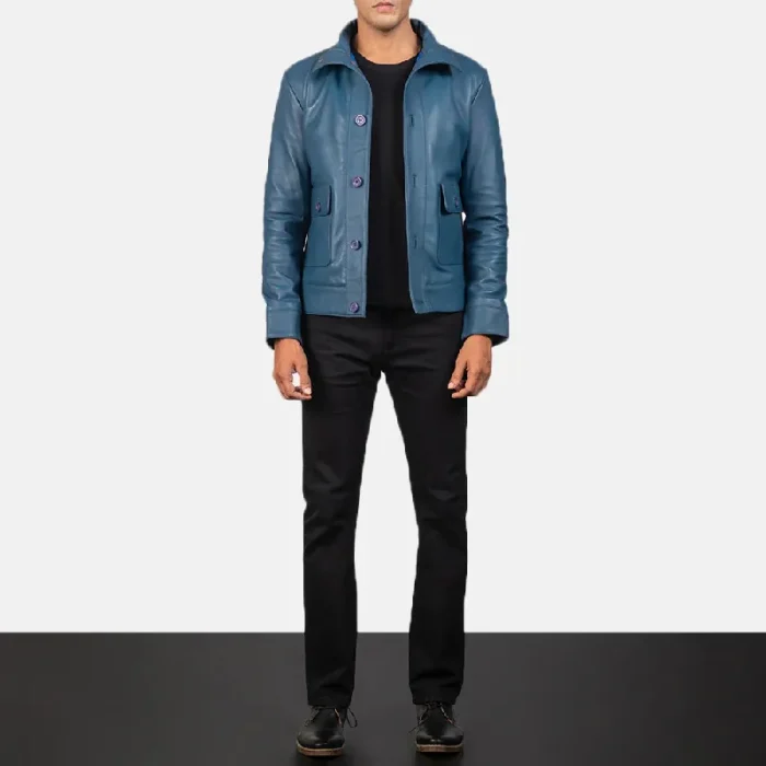 Men'S Blue Leather Bomber Button-Up Jacket Wearing Look