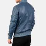 Men's Blue Leather Bomber Zip-Up Jacket Back View