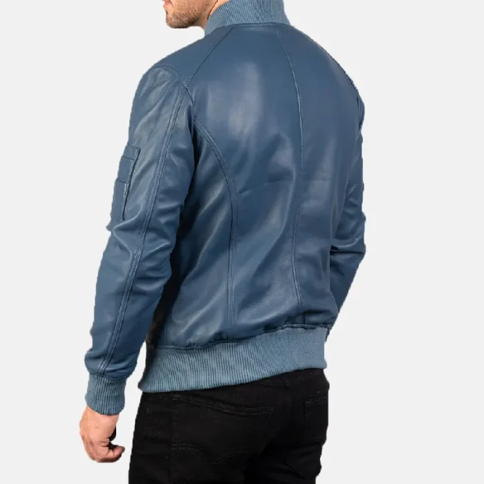 Men'S Blue Leather Bomber Zip-Up Jacket Back View