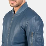 Men's Blue Leather Bomber Zip-Up Jacket Close View
