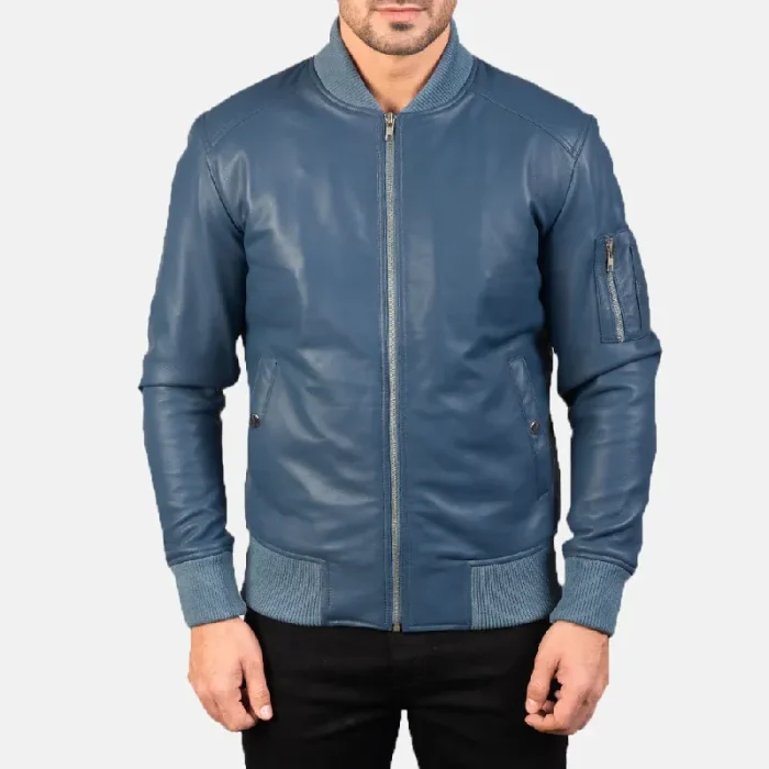 Men'S Blue Leather Bomber Zip-Up Jacket Front View