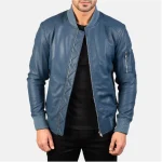 Men's Blue Leather Zip-Front Bomber Jacket