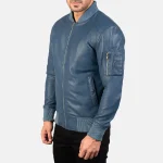 Men's Blue Leather Bomber Zip-Up Jacket Side View