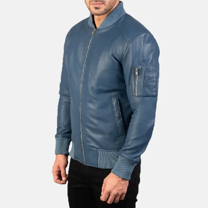 Men'S Blue Leather Bomber Zip-Up Jacket Side View