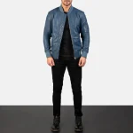 Men's Blue Leather Bomber Zip-Up Jacket Wearing View