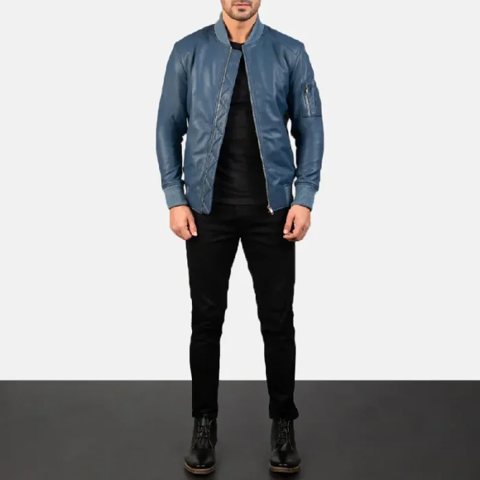 Men'S Blue Leather Bomber Zip-Up Jacket Wearing View