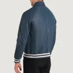 Men's Blue Leather Zip-Up Varsity Jacket Back