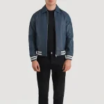 Men's Blue Leather Zip-Up Varsity Jacket Front