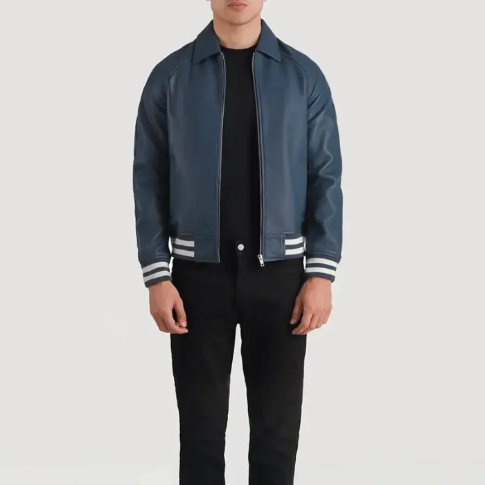Men'S Blue Leather Zip-Up Varsity Jacket Front