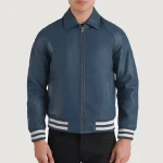 Men's Blue Genuine Leather Zip-Up Varsity Jacket