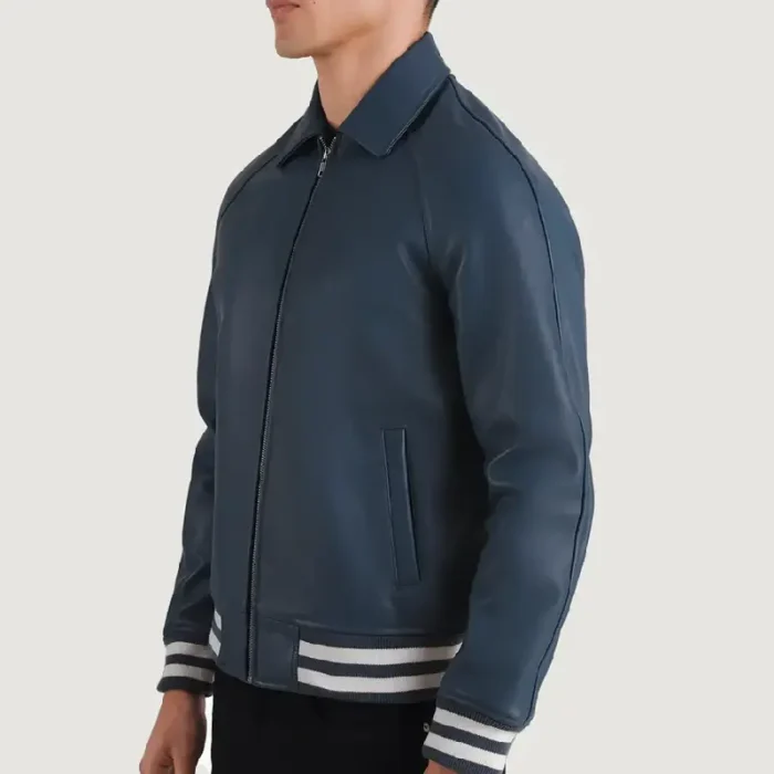 Men'S Blue Leather Zip-Up Varsity Jacket Side