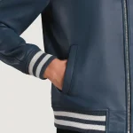 Men's Blue Leather Zip-Up Varsity Jacket Close