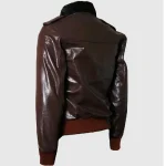 Brown Bomber Leather Jacket With Faux Fur Collar - Image 2