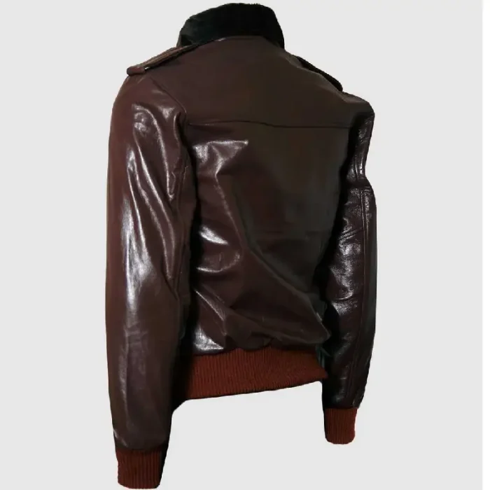 Brown Bomber Leather Jacket With Faux Fur Collar - Image 2