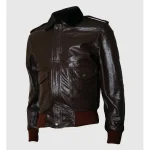 Men's Brown Bomber Leather Jacket With Faux Fur Collar