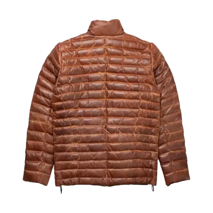 Men'S Brown Bristol Leather Zip-Up Puffer Jacket Back View