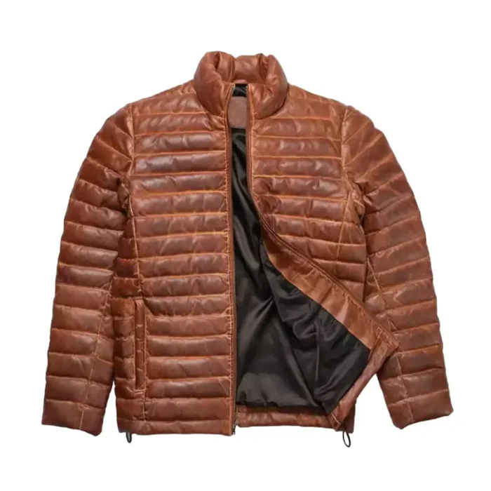 Men'S Brown Bristol Leather Zip-Up Puffer Jacket Front View