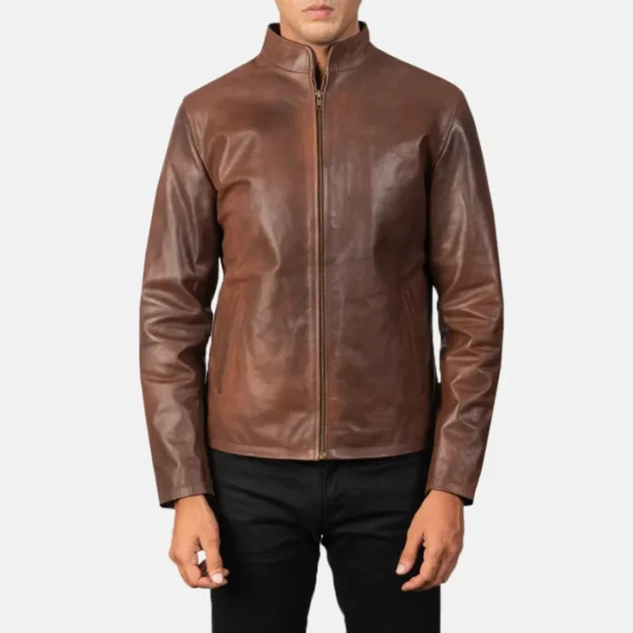 Men'S Brown Cowhide Leather Biker Jacket Front View