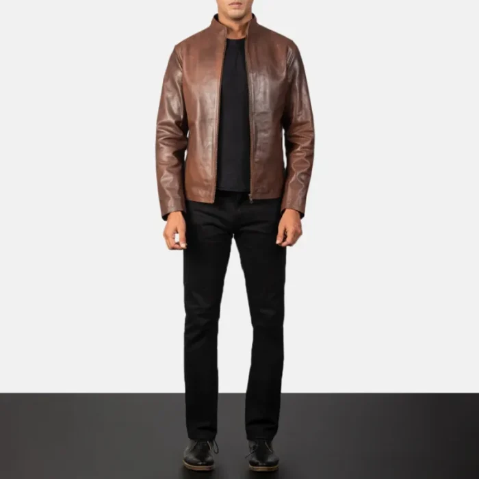 Men'S Brown Cowhide Leather Biker Jacket Look