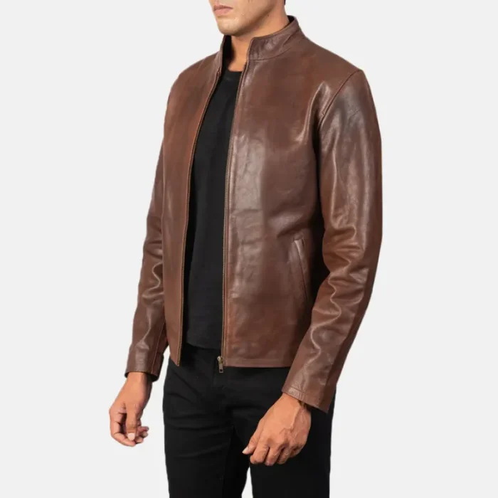 Men'S Brown Cowhide Leather Biker Jacket Side