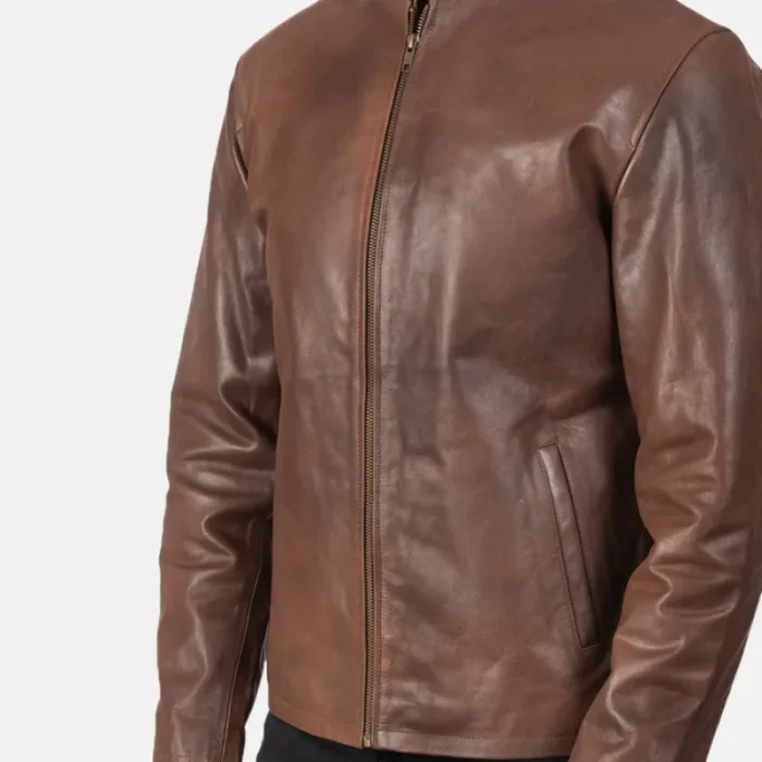 Men'S Brown Cowhide Leather Biker Jacket Close Up
