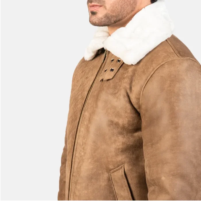 Men'S Brown Distressed Leather Bomber Jacket Close View