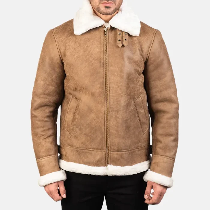 Men'S Brown Distressed Leather Bomber Jacket Front