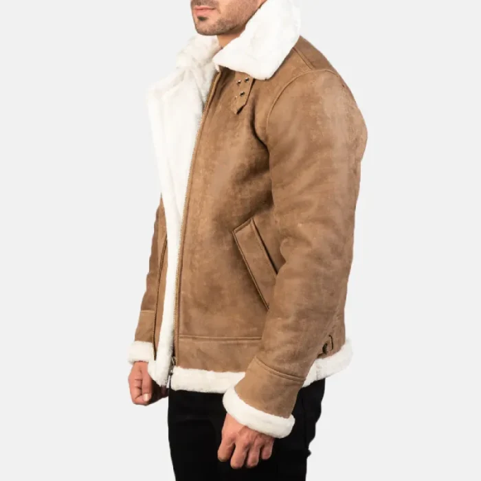 Men'S Brown Distressed Leather Bomber Jacket Side View