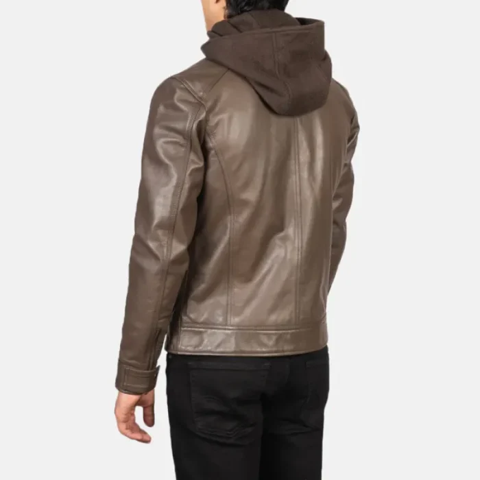 Men'S Brown Hooded Leather Biker Jacket Back View
