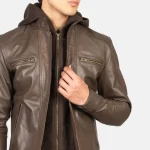 Men's Brown Hooded Leather Biker Jacket Close View