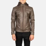 Men's Brown Hooded Leather Biker Jacket Front View