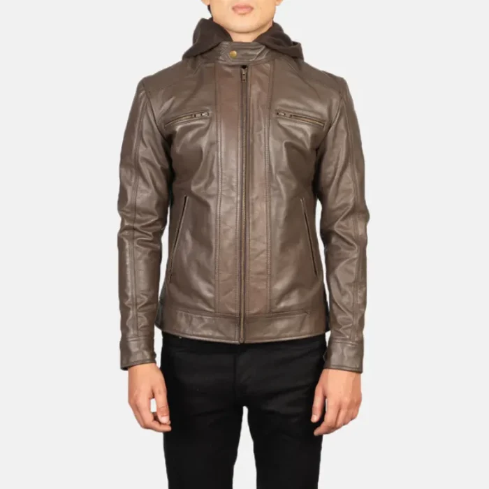 Men'S Brown Hooded Leather Biker Jacket Front View