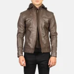 Men's Brown Leather Biker Jacket With Hood
