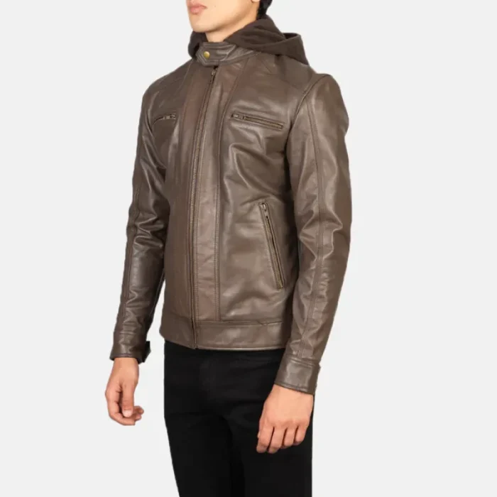 Men'S Brown Hooded Leather Biker Jacket Side View
